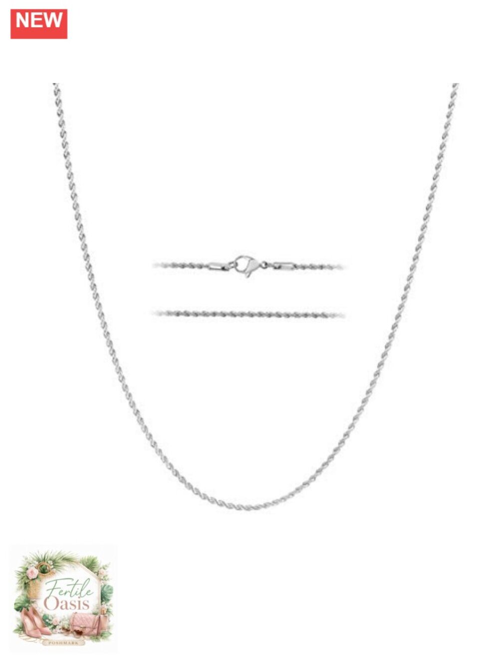 White Gold Plated Stainless Steel Rope Chain Necklace 2mm 20" Women